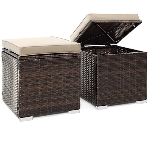 Tangkula 2 Pieces Patio Ottomans, Patiojoy Hand-Woven PE Rattan Side Table with Removable Cushion & Hidden Storage Space, Multifunctional Storage Box, Seat for Patio, Backyard, Poolside (Beige)