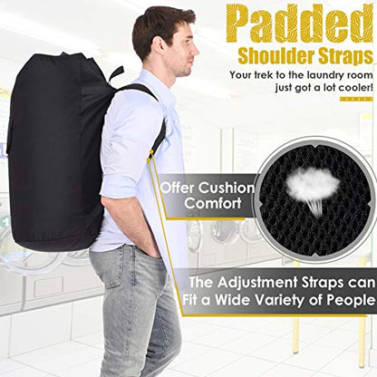 Backpack Laundry Bag, 115L Heavy Duty Extra Large College Laundry Backpack, Dirty Clothes Bag with Shoulder Straps, Laundry Hamper Bag with Drawstring Closure for College Dorm, Apartment Black