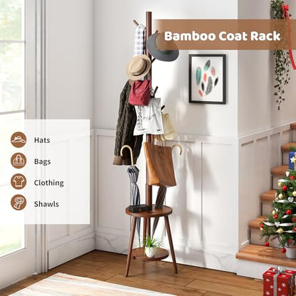 Freestanding Coat Rack with Umbrella Organizer Tray Bamboo Coat Tree Rack with 8 Hook Stand for Clothes Bag Hats Entryway Hanger Stand(Brown)