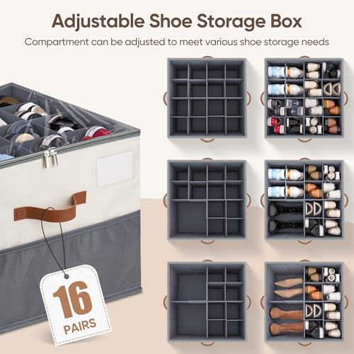 Shoe Organizer for Closet, 2 Pack Shoe Storage Containers with Adjustable Dividers, Space Saving Shoe Box Organizers Bins with Clear Lids & 4 Handles, Fits 16-32 Pairs, Beige & Grey