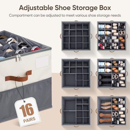 Shoe Organizer for Closet, 2 Pack Shoe Storage Containers with Adjustable Dividers, Space Saving Shoe Box Organizers Bins with Clear Lids & 4 Handles, Fits 16-32 Pairs, Beige & Grey