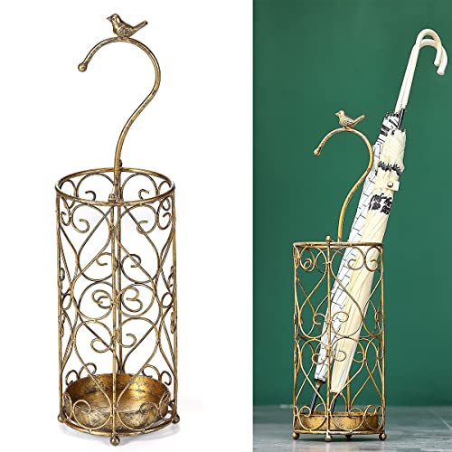 Umbrella Rack Stand,Umbrella Rack for Entryway,Canes Walking Sticks,Cast Iron Bird Handle and Drip Tray (Antique Gold) | Place cat wands or pet toys,Cast Iron Bird Handle And Drip Tray (Antique Gold)
