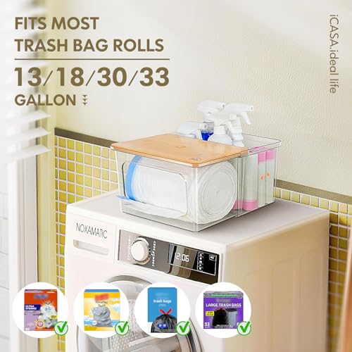 iCASA 2 in 1 Trash Bag Holder Garbage Bags Dispenser Under Sink Organizer | Stackable Trash Bag Organizer for 13/30/33 Gallon Bags, Clear Storage Bins for Kitchen, Cabinet, Laundry Room Organization