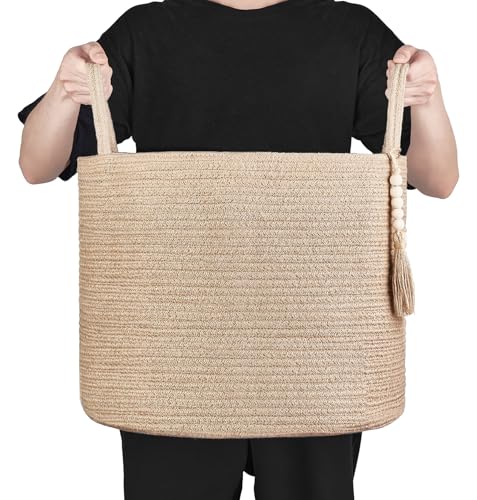 Mkono Woven Storage Basket for Blanket, Toys Plant Organizer, 16"W x 13.8"L | Brown, Jute, Decorative Basket with Handle, Wood Beads Tassel, Shoes Towel Clothes Storage Bin, Living Room Bedroom Nursery