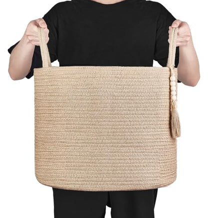 Mkono Woven Storage Basket for Blanket, Toys Plant Organizer, 16"W x 13.8"L | Brown, Jute, Decorative Basket with Handle, Wood Beads Tassel, Shoes Towel Clothes Storage Bin, Living Room Bedroom Nursery