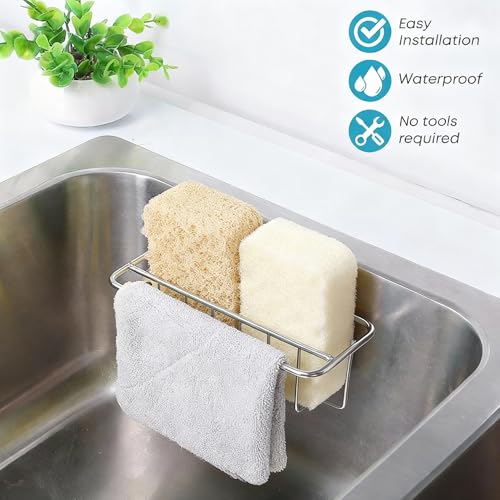 KESOL Adhesive Kitchen Sink Sponge Holder, 2-in-1 Kitchen Sink Caddy Silver | Dish Cloth Hanger, Soap Holder, 304 Stainless Steel Rust Proof, In Sink sponge holder, Water Proof, No Drilling