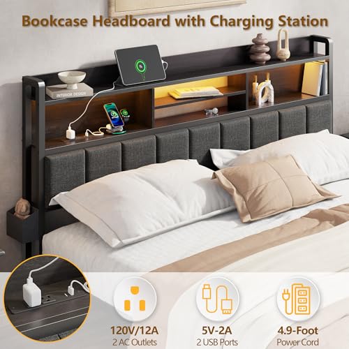 Queen Size Bed Frame with Headboard, Drawers, Charging Station