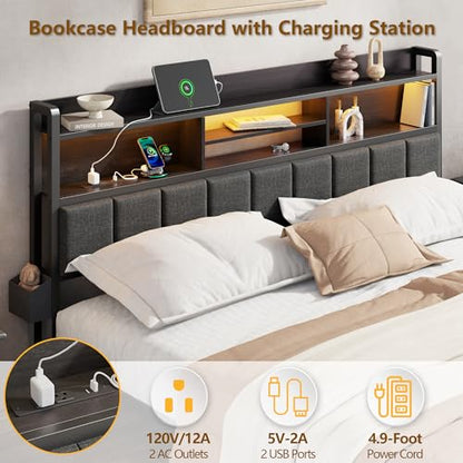 Queen Size Bed Frame with Headboard, Drawers, Charging Station