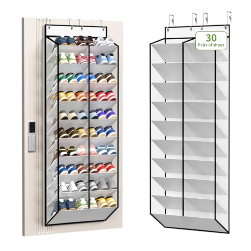 KEEPJOY 20-30 Pairs Over the Door Shoe Organizer, Mesh Hanging Shoe Rack for Door Storage with 20 Wide Deep Pockets,10-Tier White Door Shoe Holder Fits Sneakers, Boots.