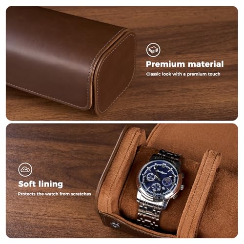 ProCase Watch Travel Case, 2 Slot PU Leather Watch Roll Box for Men, Brown | Portable Watch Organizer, Anti-Shift Angled Pillow Track, Scratch Resistant Soft Lining, Ideal Gift for Him/Her