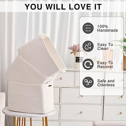 Storage Baskets for Organizing Shelves, Woven Cotton Rope Bins for Baby Nursery Organization, Book Toy Towel Organizer, 15"x11"x9.5", 3 Packs, Off White