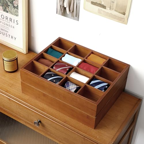 Wesiti Tie Box Organizer Wall Mounted Tie Rack with 16 Compartments Bamboo Belt Holder for Men Scarf Necktie Home Wall Closet(Dark Brown Color,2 Piece)