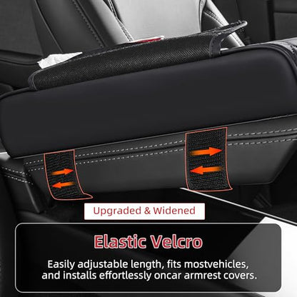 5 in 1 Nappa Leather Console Armrest Cover, Black | Built-in cup holder, tissue slot, phone holder & 2 storage pockets, practical car accessories fit SUV sedan truck