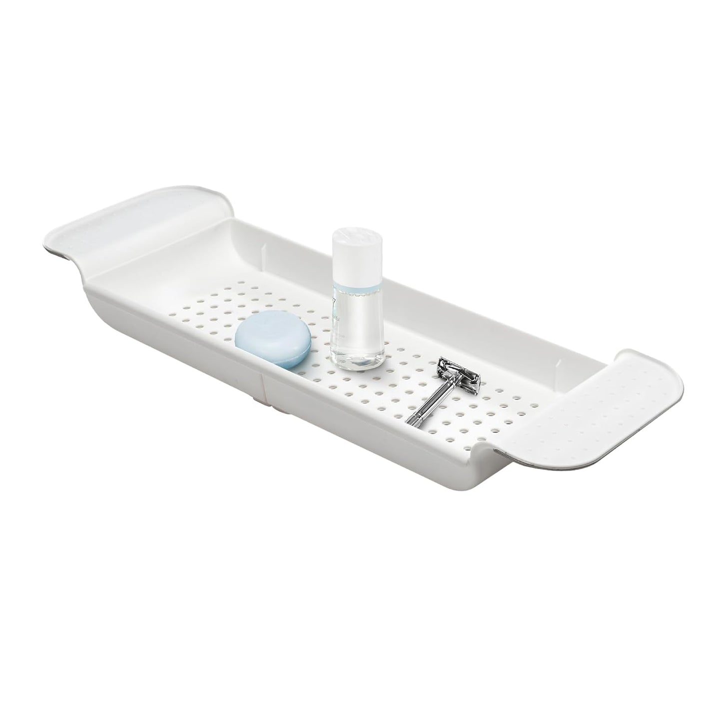 madesmart Expandable Bath Tray, White | adjustable tub fit, drainage holes, soft grip sides, soap razors toys, bathtub caddy, woman owned