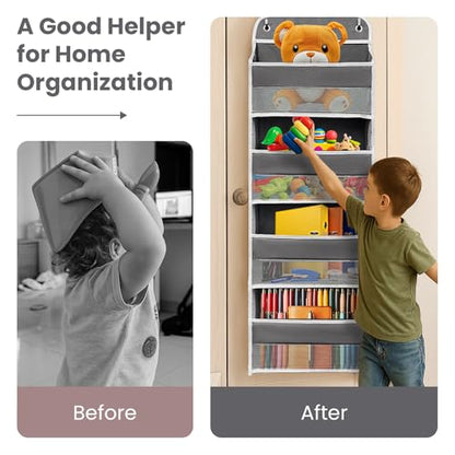 Over The Door Organizer 4 Shelves & 4 Side Pockets, Large Storage Rack | Anti-Tilt Hanging Door Storage for Closet, Heavy-Duty Mesh Shelf for Bathroom Closet Toy Organization Shoes Towels, Grey