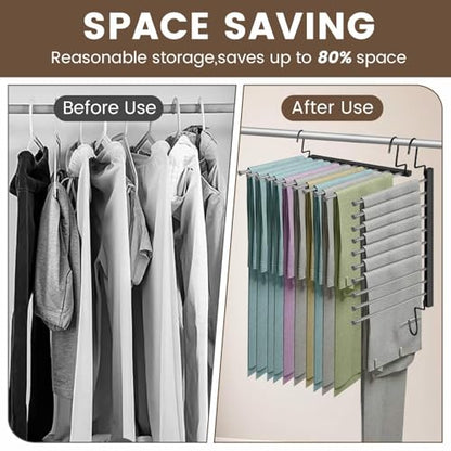 Pants Hangers Space Saving for Closet: 10 Layer Metal Jean Hanger | Collapsible Non Slip Trouser Hangers - Magic Rotational Pant Rack for Display and Storage - College Dorm Essentials