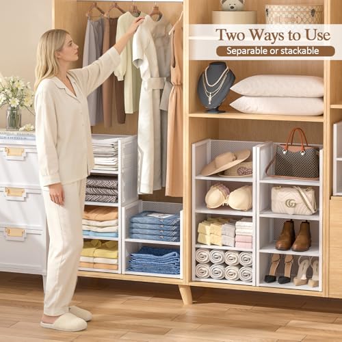 4-Tier Stackable Closet Organizers and Storage Basket, Wire Clothes Shelf Organizer Bins, Sweater Storage for Wardrobe Cupboard, Multifunctional Cube Storage Box for Kitchen Bath Laundry Room, White