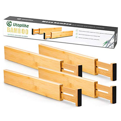 Utoplike 4 Pcs Bamboo Kitchen Drawer Dividers, Large Drawers Organizers | Adjustable Spring Loaded Expandable Organization, Works in Dresser, Bathroom, Bedroom, Office, Fit 17.8"-20.6" Drawer, 2.4"H