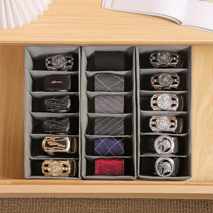 3 Packs Fabric Belt Organizer for Closet and Drawer, Foldable 6 Grids Dresser Drawer Organizers, Belt Tie Holder, Tie Box-Grey