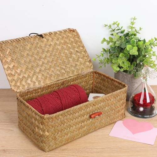 Wicker Shelf Baskets with Lid,Handwoven Seagrass Basket for Storage Basket Bins Rectangular Home Organizer Gift Boxes (Natural Small)