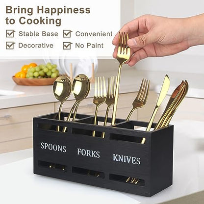 Wooden Silverware Caddy for Party Cutlery Utensil Holder Organizer Counter | Small Black Silverware Holder Table Wood Flatware Utensil Caddy Kitchen Countertop Decor Spoon and Fork Holder Cutlery Basket