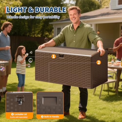 IDEALHOUSE 100 Gal Waterproof Blow Molded Resin Deck Box, Brown | Lockable Outdoor Storage Box with Hydraulic Piston & UV Resistant, Patio Cushion Container for Garden, Backyard, Pool