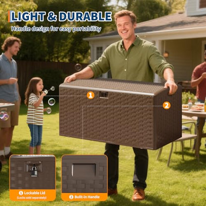 IDEALHOUSE 100 Gal Waterproof Blow Molded Resin Deck Box, Brown | Lockable Outdoor Storage Box with Hydraulic Piston & UV Resistant, Patio Cushion Container for Garden, Backyard, Pool