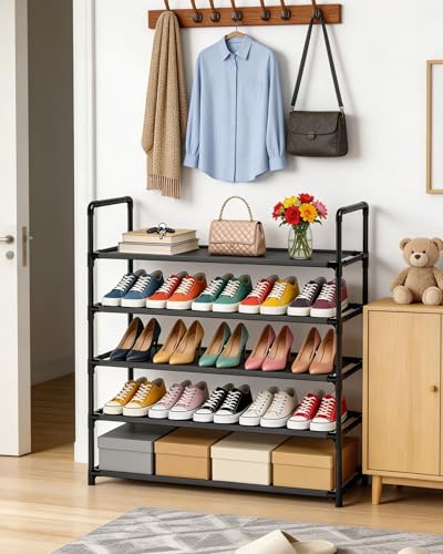 5 Tier Tall Shoe Rack Large Capacity, 34.5" Wide Entryway Shoe Organizer, Stackable Metal Frame Waterproof Nonwoven Shelves, Holds 20-25 Pairs, Space Saving Storage for Closet Hallway Garage, Black