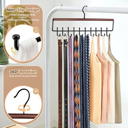 2PC Tie Belt Rack Hanger for Closet, Wood Tie Holder Organizer with 20 Hook | Upgraded 2-in-1 Tie and Belt Hanger Organizer, Large Capacity, 360° Rotating Hook, Non Slip, Space Saving, Walnut color