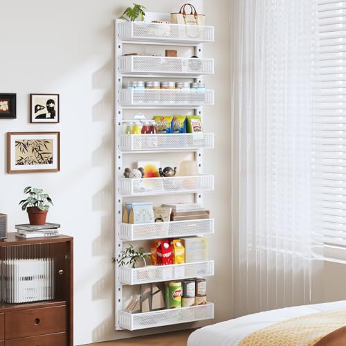 Pantry Door Organizers and Storage, 8-Tier Large Metal Heavy-Duty Frame Over the Door Spice Rack, 2 in 1 Wall-Mounted or Hanging shelf for Kitchen, Bathroom, Laundry Room, Bedroom, Closet &Nursery