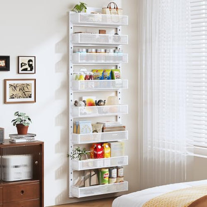 Pantry Door Organizers and Storage, 8-Tier Large Metal Heavy-Duty Frame Over the Door Spice Rack, 2 in 1 Wall-Mounted or Hanging shelf for Kitchen, Bathroom, Laundry Room, Bedroom, Closet &Nursery