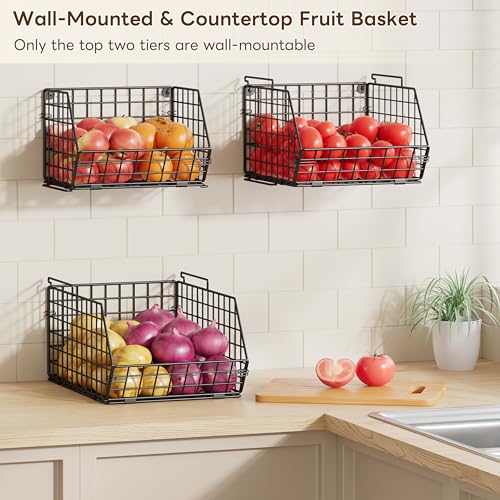 3-Tier Stackable Wire Baskets, Fruit and Vegetable Storage for Counter | Wall-Mount Potato and Onion Storage Bin, Metal Produce Basket, Kitchen Pantry Organizer and Storage on Cabinet for Snack/Can