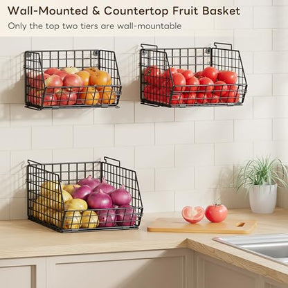 3-Tier Stackable Wire Baskets, Fruit and Vegetable Storage for Counter | Wall-Mount Potato and Onion Storage Bin, Metal Produce Basket, Kitchen Pantry Organizer and Storage on Cabinet for Snack/Can