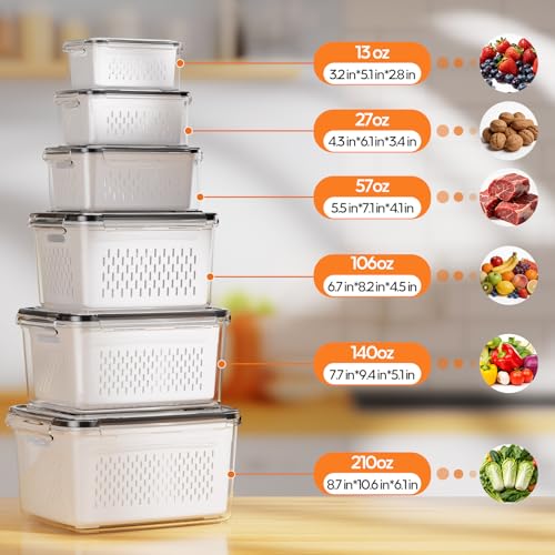 Fruit Storage Containers for Fridge with Removable Colander, 6 Pack