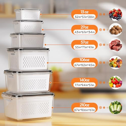 Fruit Storage Containers for Fridge with Removable Colander, 6 Pack
