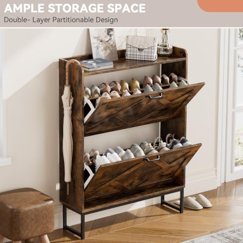Shoe Storage Cabinet with 2 Flip Drawers, Freestanding Wood Shoe Organizer with Metal Legs, Farmhouse Slim Shoe Rack for Entryway, Foyer, Hallway, Rustic Brown
