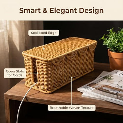 Cable Management Box, Scalloped Faux Rattan Cord Organizer Basket with Lid, Decorative Cord Hider Box with 2 Cable Slots for Power Strip, Small Router, USB Hub, Desk, TV Stand & Home Office, Natural