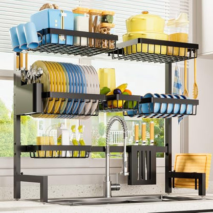 Dish Drying Rack - Over The Sink Dish Drainer Drying Rack with Utensil & Knife Holder, Hooks, Stainless Steel Kitchen Organizers and Storage Solution, 11.8" D x 31.5"~39.0''W x 30" H, Black