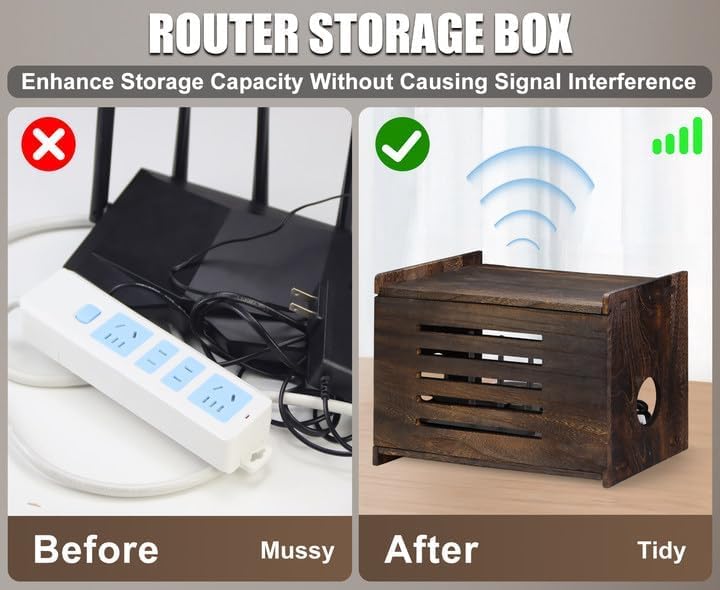 Wooden Router Box Hider Large Charcoal Retro with Cable Management, Modern Wifi Router Shelf Storage Box Wifi Box Hider for Home and Office