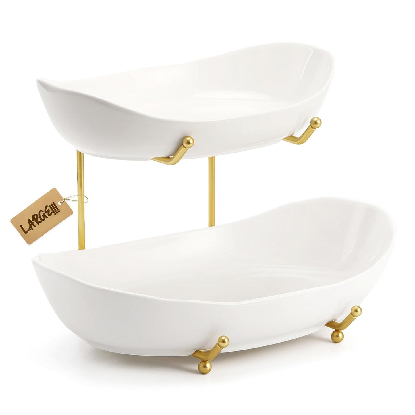 Large Size 2 Tier Ceramic Fruit Bowl,（13.4 and 11... (Gold and White | Ceramic)