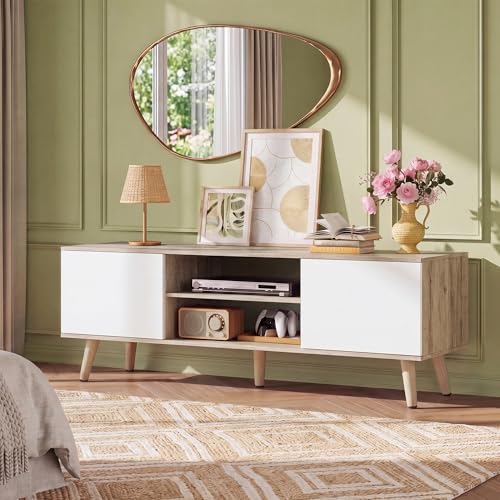 WLIVE Mid-Century Modern TV Stand for 55/60 Inch TV, Entertainment Center with Storage & Adjustable Shelves, Media Console with Soft-Close Cabinets for Living Room/Bedroom, Greige White