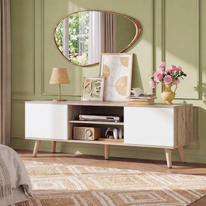 WLIVE Mid-Century Modern TV Stand for 55/60 Inch TV, Entertainment Center with Storage & Adjustable Shelves, Media Console with Soft-Close Cabinets for Living Room/Bedroom, Greige White