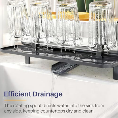 SNTD 304 Stainless Steel Dish Drying Rack for Small Kitchen Counter, Grey | Rustproof, Large Capacity, Heavy-Duty Frame, Rotating Spout, Angled Drainboard, Removable Cup & Utensil Holder