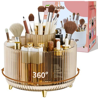 fanado 360° Rotate Makeup Brush Holder Organizer, Makeup Organizers Countertop, Makeup organization and Skincare Storage for Vanity, Desktop, Bathroom (Clear Amber)