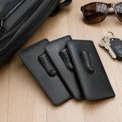 Calabria Soft Slip-In Glasses Case Pocket Metal Clip Black (3 Pack) for Men/Women Synthetic Leather Felt Lining 6.5"x3"