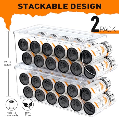 SCAVATA 2 Pack Skinny Can Organizer for Refrigerator, Stackable Tall Skinny Soda Pop Can Holder Dispenser with Lid for Fridge Pantry Rack Freezer, Clear Plastic Storage Bins-Holds 12 Slim Cans Each