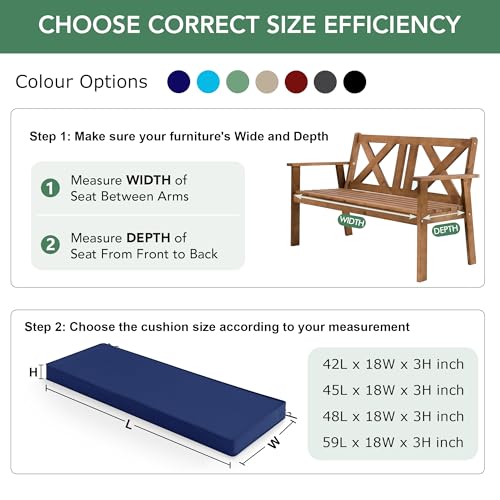Summsun Outdoor Bench Cushion Pad, 42 x 18 x 3 Inch, Navy Blue | High-Resilience Foam, Water Resistant, Removable Cover, Hidden Zipper, Tie Strap, Fit for Patio, Garden, Swing, Porch, Settee