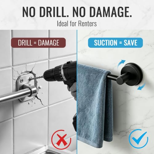 No Drill Suction Cup Towel Bar with Adjustable 14.6-24In | Strong Adhesive Wall Mount, Thickened Stainless Steel Matte Black Towel Rack for Renters, Bathroom Shower & Kitchen Storage