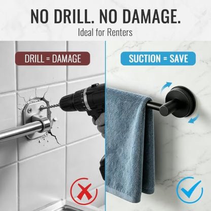No Drill Suction Cup Towel Bar with Adjustable 14.6-24In | Strong Adhesive Wall Mount, Thickened Stainless Steel Matte Black Towel Rack for Renters, Bathroom Shower & Kitchen Storage