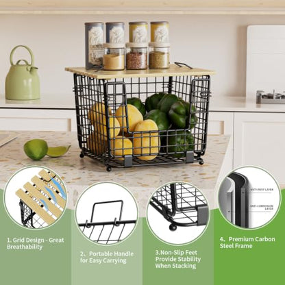 2 Pack Stackable Potato Onion Bins, Pantry Organizers and Storage | Wire Basket with Breathable Design for Garlic Fruits Vegetables Storage, Kitchen Counter Organizer